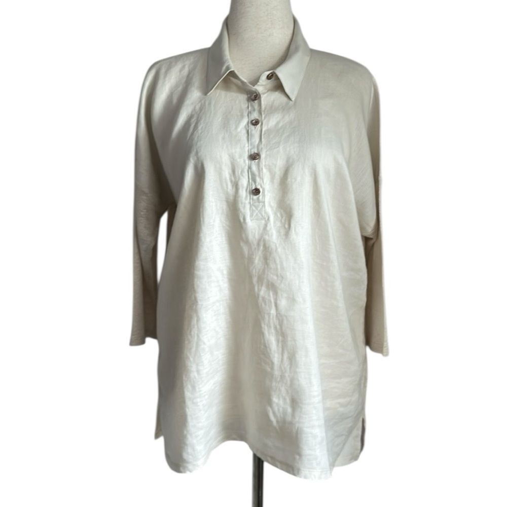 J. Jill Love Linen Popover Shirt Tunic Beige Size M – Drop Shoulder ¾ Sleeve